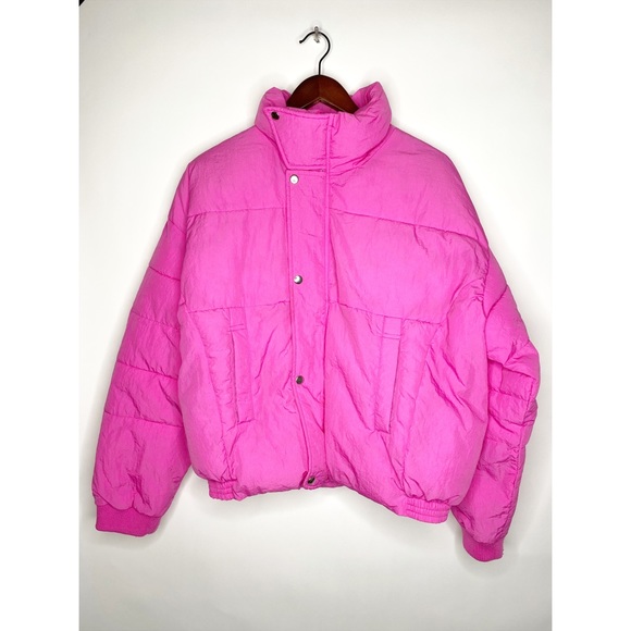 Free People Puffer Jacket Cold Rush Pink Cropped Bright Winter Adjustable Waist - Picture 2 of 16
